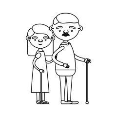 sketch silhouette full body couple elderly in walking stick of grandmother with straight medium hair in dress and grandfather with moustache