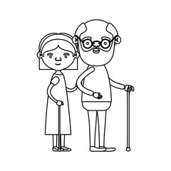 sketch silhouette full body couple elderly in walking stick of grandmother with straight short hair in dress and grandfather with beard