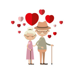 colorful caricature full body elderly couple embraced with floating hearts grandfather with hat in walking stick and grandmother with collected hair and glasses