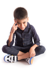 Children fashion, little boy on nice blue shirt on white background