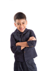 Children fashion, little boy on nice blue shirt on white background