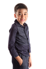 Children fashion, little boy on nice blue shirt on white background