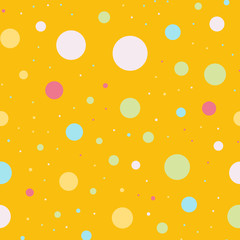 Colorful polka dots seamless pattern on bright 4 background. Great classic colorful polka dots textile pattern. Seamless scattered confetti fall chaotic decor. Abstract vector illustration.