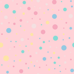 Colorful polka dots seamless pattern on bright 9 background. Wondrous classic colorful polka dots textile pattern. Seamless scattered confetti fall chaotic decor. Abstract vector illustration.