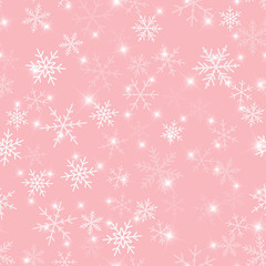 White snowflakes seamless pattern on pink Christmas background. Chaotic scattered white snowflakes. Overwhelming Christmas creative pattern. Vector illustration.