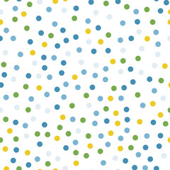 Colorful polka dots seamless pattern on white 12 background. Pleasing classic colorful polka dots textile pattern. Seamless scattered confetti fall chaotic decor. Abstract vector illustration.