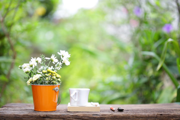 Flowers in orange pot with white cup