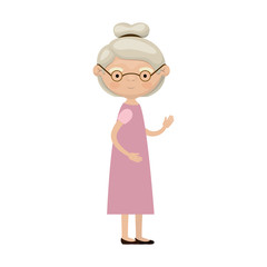 colorful full body elderly woman in dress with collected hairstyle and glasses
