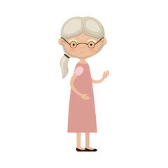 colorful full body elderly woman in dress with side ponytail hairstyle and glasses