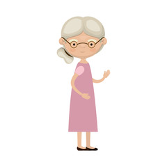colorful full body elderly woman in dress with side bun hairstyle and glasses