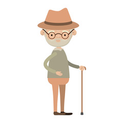 colorful full body elderly man in walking stick with moustache and hat with glasses