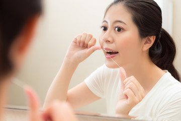 closeup of attractive elegant girl using floss