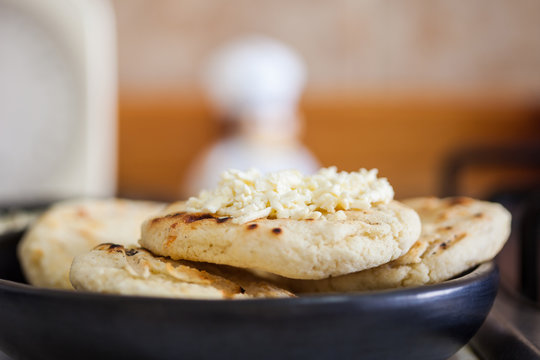 Traditional Colombian white corn arepa with cheese