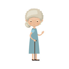 colorful full body elderly woman in walking stick with dress and curly side bun hairstyle