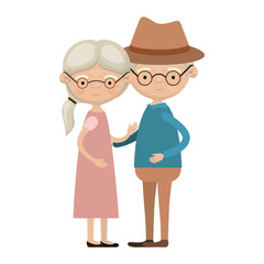 colorful full body elderly couple embraced grandmother ponytail hairstyle in dress and grandfather with hat and glasses