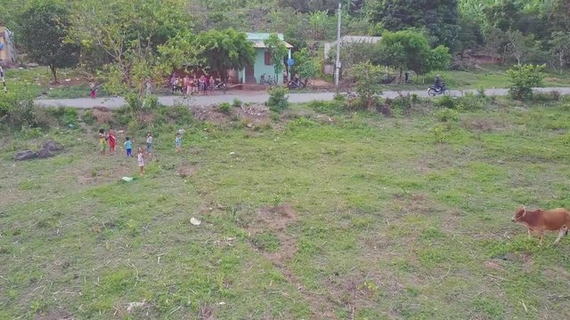 Drone Flies over Children Playing among Rural Nature