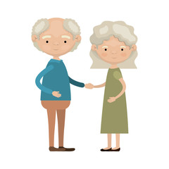 colorful full body elderly couple embraced grandfather with curly hair and grandmother wavy short hairstyle in dress