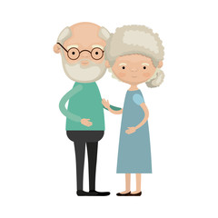 colorful full body elderly couple embraced grandfather with beard and glasses with grandmother curly bun hairstyle in dress