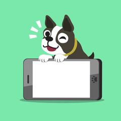 Cartoon boston terrier dog and smartphone