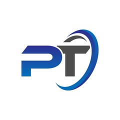 vector initial logo letters pt with circle swoosh blue gray