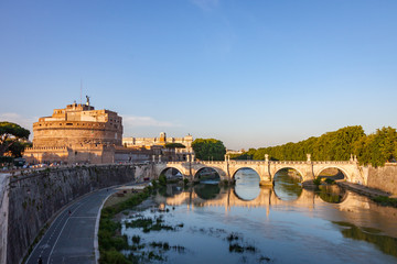 Castel Sant'Angelo and the Ponte Sant'Angelo by the Tiber River in Rome Italy