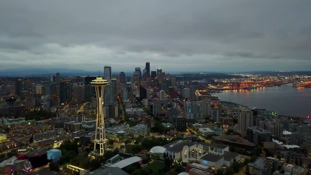 Seattle twilight aerial video - Clip recorded in morning twilight while flying toward downtown Seattle, Washington, USA.