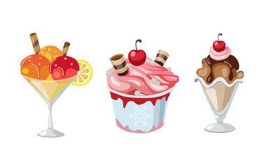 Ice Cream Cups, Ice mix flavors such as strawberry, lemon and chocolate.