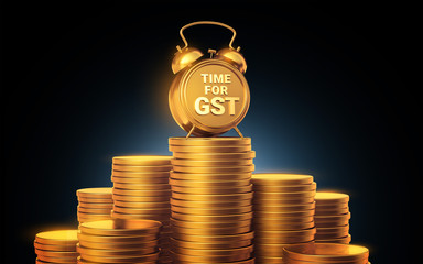 TIME FOR GST The concept of financing the season. Gold analog clock, standing on a year of coins on a dark background.