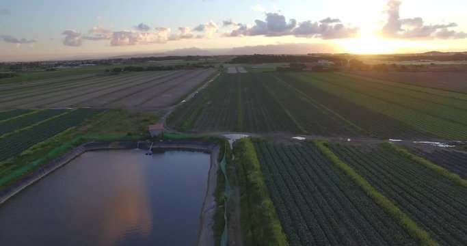 Aerial of Dam on Farm with Flat Reflective Water at Sunset