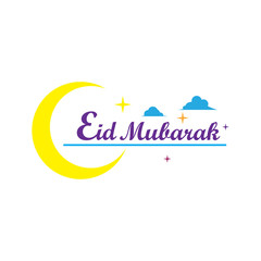 Colorful Eid Mubarak Greeting with moon, clouds, and stars Vector Design. Used for greeting card, flyer, poster, background, and various materials