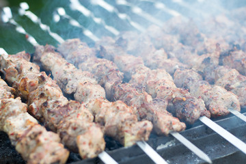 Meat with seasoning cooked on a barbecue with a haze, close up