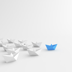 Leadership concept, blue leader boat, leading whites. 3D Rendering.