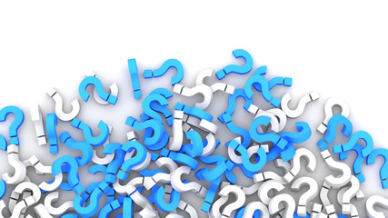 Blue and white question marks background. 3D rendering.