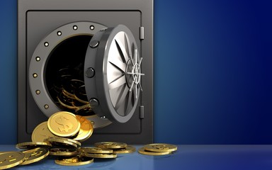 3d dollar coins over blue