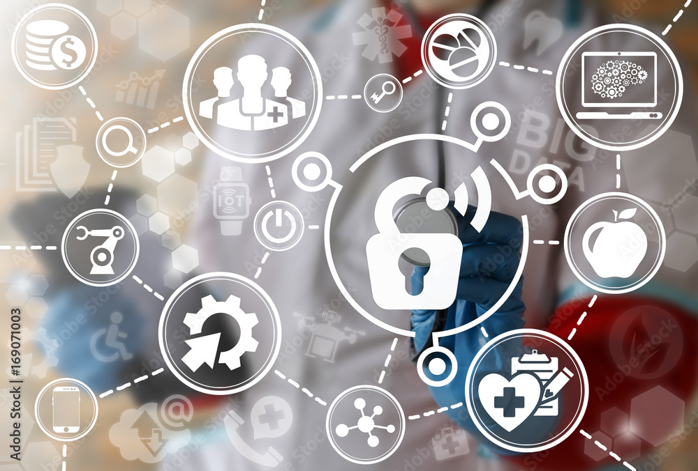 Poster doctor with a stethoscope touches open lock radio wireless wifi signal icon on a virtual interface. 