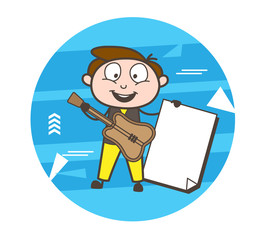 Cartoon Male Guitarist Showing a Blank Banner Vector