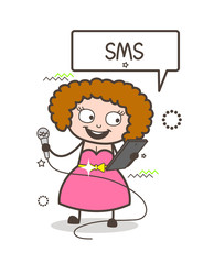 Cartoon Female Rock-Star Singer Reading Music Notes in Message Vector Concept