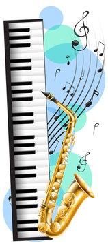 Piano and saxophone with music notes in background