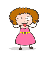 Cartoon Naughty Adult Woman with Stuck-Out Tongue and Winking Eye Face Vector