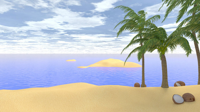 sandy beach in tropical island 3d illustration