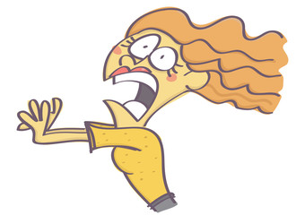 Funny vector cartoon of woman running away in fear and panic, isolated on white background