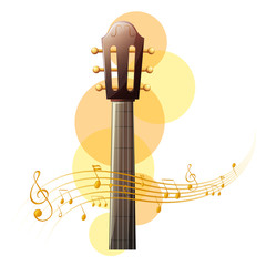 Acoustic guitar with music notes in background