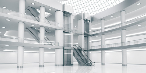 Interior of the atrium of the shopping center. Supermarket. 3d image. - obrazy, fototapety, plakaty