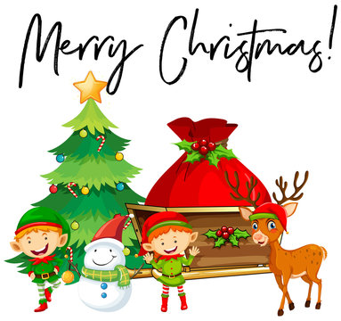Elves and christmas tree with phrase Merry Christmas