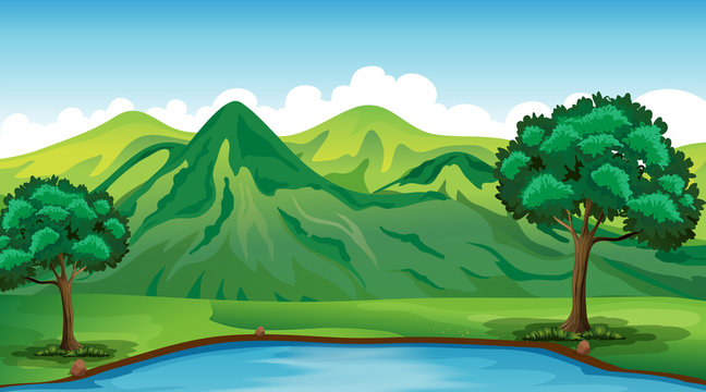 Background scene with green mountain and pond