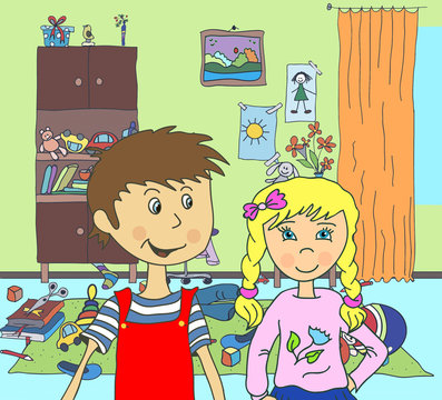 Illustration Girl and boy on the background of her children's room. Cartoon, frame, character.