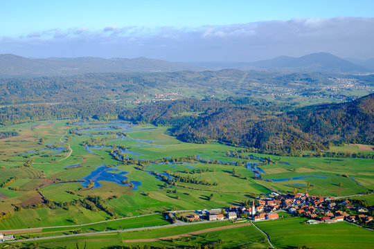 Planinsko polje is a typical karst field that is exposed to floods of the Unica river.
