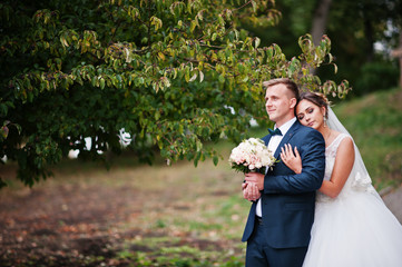 Good-looking newly married couple walking and enjoying each other's company in the park on a bright...