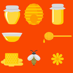 Flat design elements of Beekeeping and apiculture. Beekeeper Tools and equipment set. Apiary Instrument isolated. Natural organic Honey in jar.
