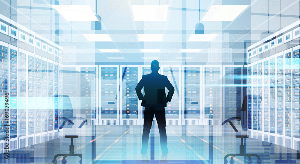 Poster silhouette man in data center room hosting server computer information database flat vector illustra